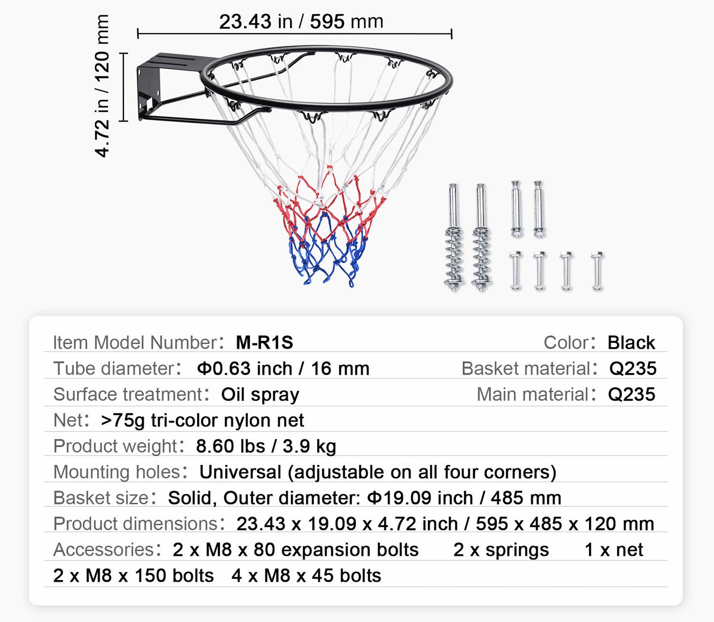 Basketball Rim, Wall Door Mounted Basketball Hoop, Heavy Duty Q235 Basketball Flex Rim Goal Replacement with Net and Double Spring, Standard 18" Indoor Outdoor Hanging Hoop for Adults