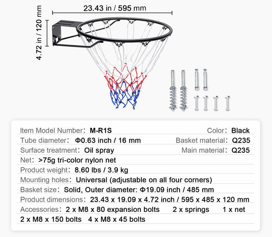 Basketball Rim, Wall Door Mounted Basketball Hoop, Heavy Duty Q235 Basketball Flex Rim Goal Replacement with Net and Double Spring, Standard 18" Indoor Outdoor Hanging Hoop for Adults
