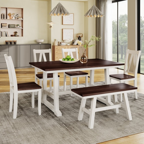 6-Piece Wood Dining Table Set with Long Bench and 4 Dining Chairs,