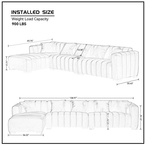 139'' Channel Tufted Sofa Velvet Upholstered Left Chaise Modular Sofa