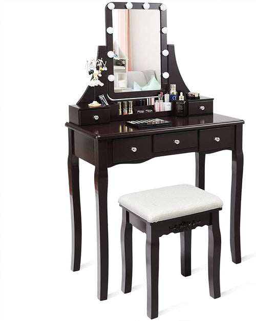 Brown Vanity Table Set With 10 LED Lights For Bedroom