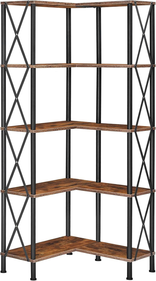 Corner Bookshelf 5-Tier L-Shaped Industrial Bookcase In Rustic Brown