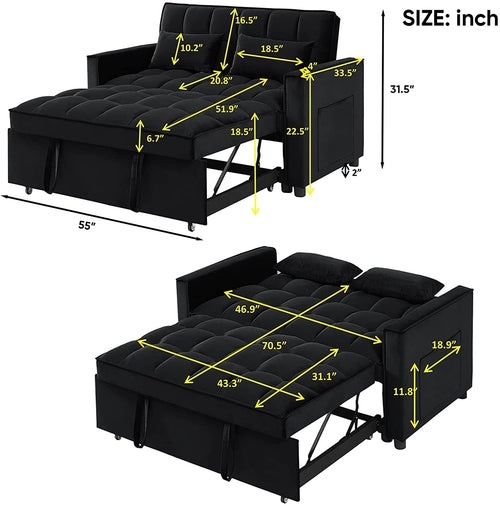 Black Convertible Sofa Bed With Reclining Backrest