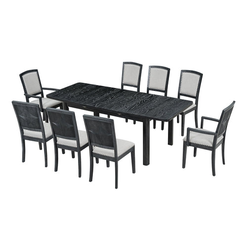 Rustic Extendable Dining Table Set with Removable Leaf, 6 Upholstered