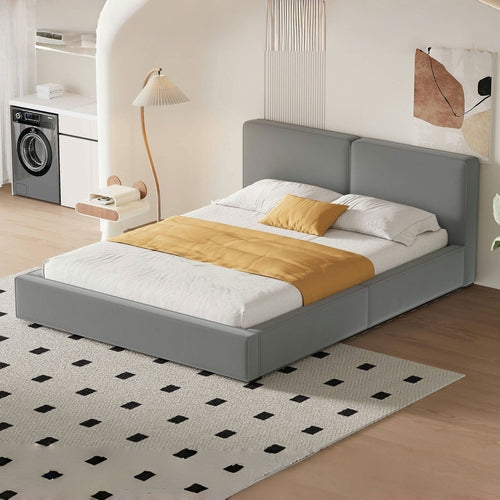 Queen Size Upholstered Platform Bed with Velvet Fabric, Grounded Bed