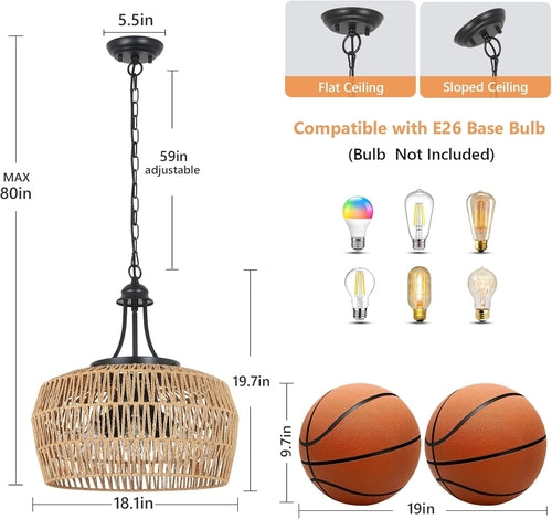 Large 5 Light Handwoven Rattan Boho Dining Room Chandelier