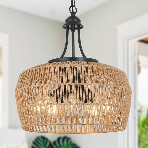 Large 5 Light Handwoven Rattan Boho Dining Room Chandelier