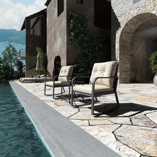 Three Piece Patio Bistro Set With Rocking Chairs And Cushions Beige