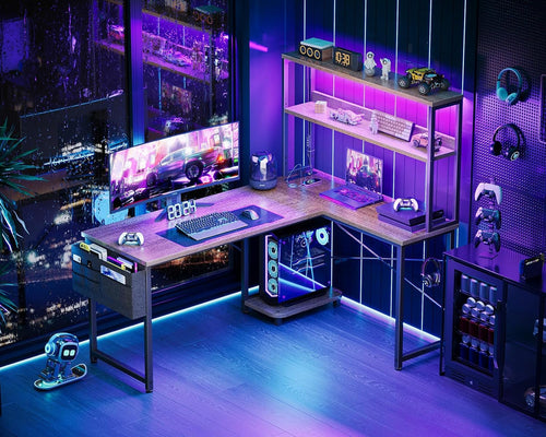 L Shaped Desk Gaming Desk with LED Light & Power Outlet, 53 Inch
