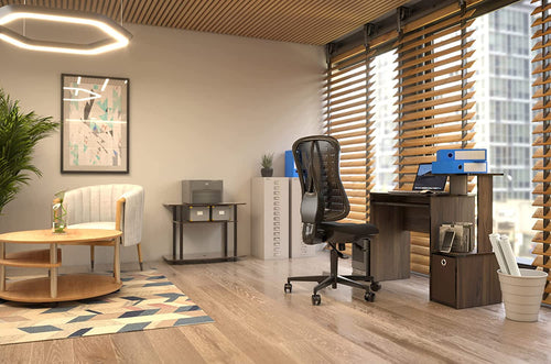 Walnut Compact Desk With Keyboard Tray And Shelves