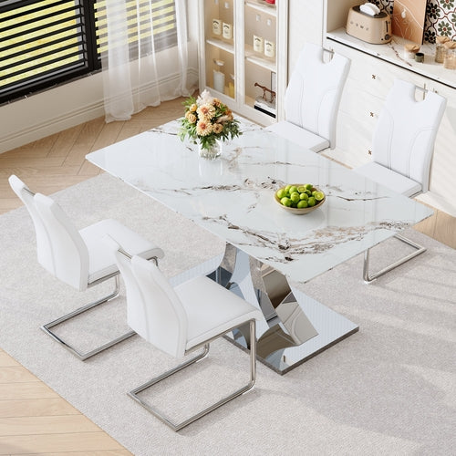 Luxury Modern 63-inch Dining Table Set With 4 Upholstered Chairs,