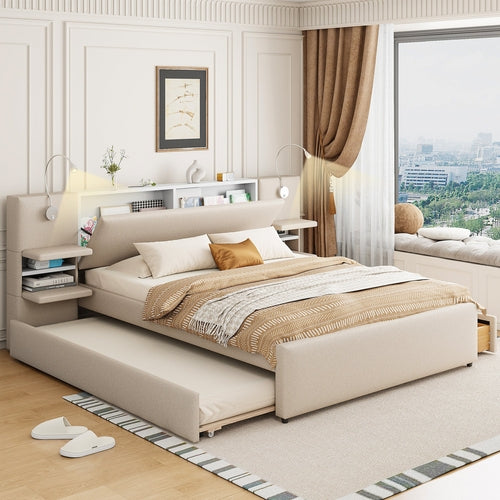 Queen Size Upholstered Platform Bed with Reading Lights, Drawers,