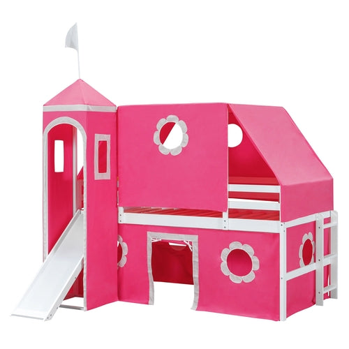 Loft Bed Twin Pink Solid Wood and MDF with Slide and Storage for
