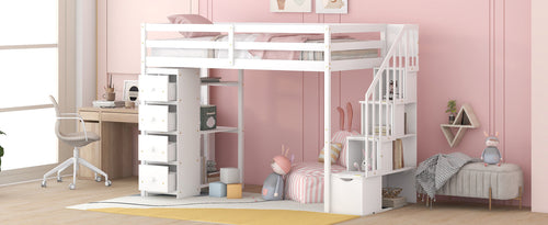 Twin size Loft Bed with Storage Drawers and Stairs, Wooden Loft Bed