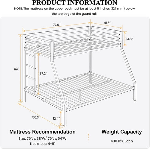 Twin Over Twin Bunk Bed With Slide Durable Square Tube