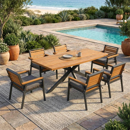 Modern 7-Piece Dining Set, Acacia Wood with Iron Frame, 6 Chairs with