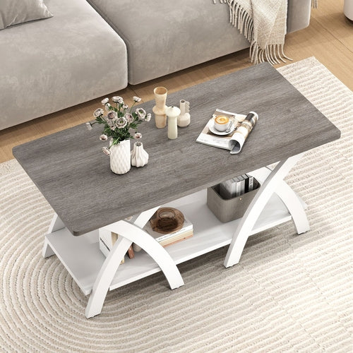 40 Inch Farmhouse Wooden Coffee Table with Storage Shelf with X-shaped
