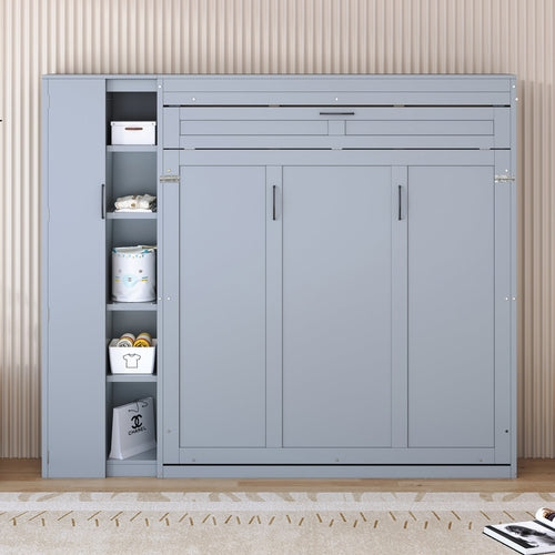 Wardrobe Gray MDF+LVL Queen Size Murphy Bed Wall Bed with Shelves, and