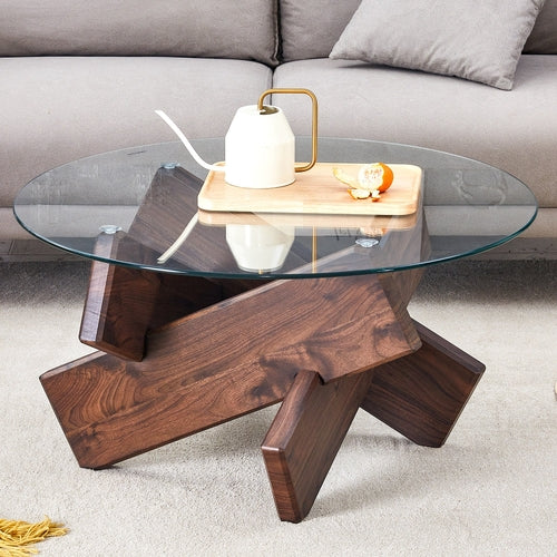 Modern Round Glass Coffee Table – 33.4" Tempered Glass Top with MDF