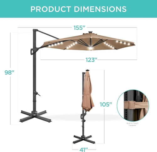 10 Foot Solar LED Cantilever Patio Umbrella With Lights Cross Base For