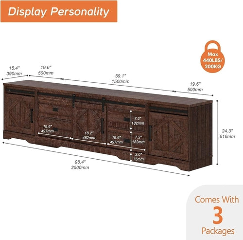 98.4 Inch Rustic Brown TV Stand With 4 Drawers And Shelves