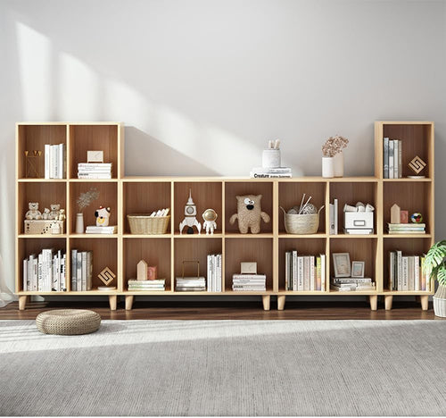 Open Cube Low Bookcase 3 Tier Freestanding Oak Finish