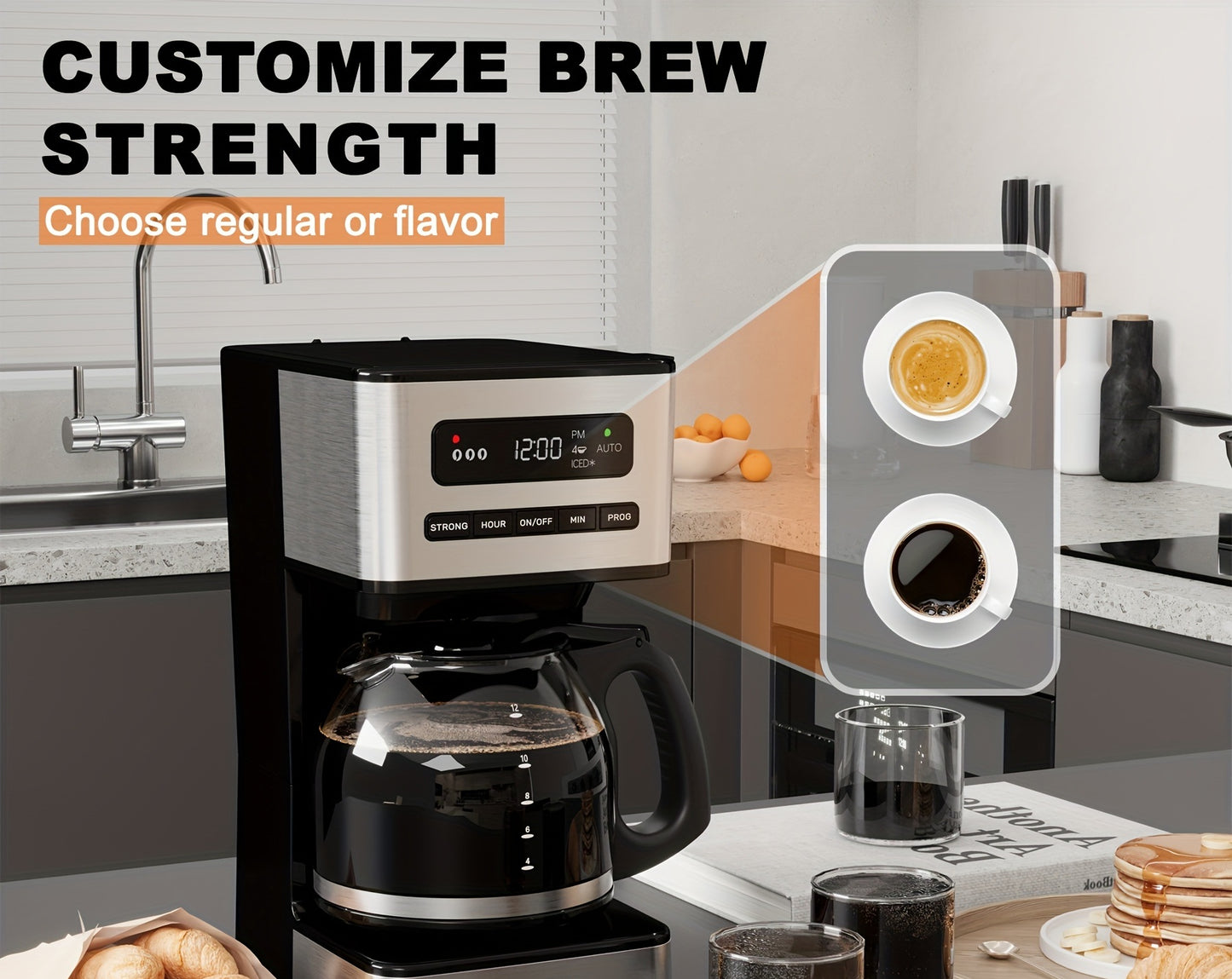 12-Cup Programmable Coffee Maker, Regular And Strong Brew Drip Coffee Machine, 1-4 Cup And Iced Coffee Setting, 24H Timer, Auto Shut-Off, Keep Warm, Pause And Serve