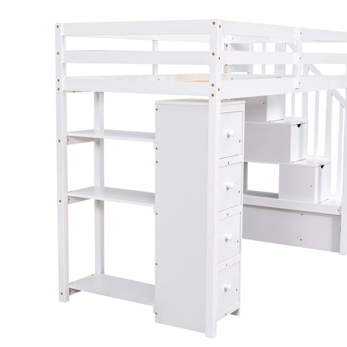 Twin size Loft Bed with Storage Drawers and Stairs, Wooden Loft Bed