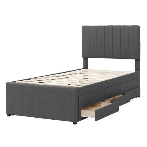 Upholstered Platform Bed with Trundle and 3 Drawers, Linen Fabric