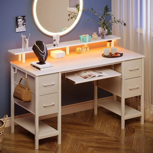 47.2 Inch White LED Desk With Power Outlets And Drawers