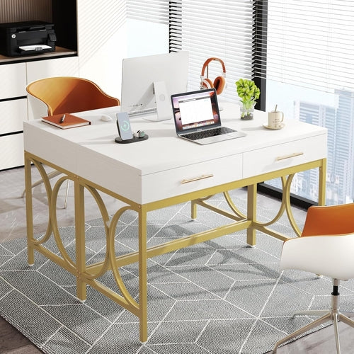 41 Inch White And Gold Computer Desk With 2 Drawers