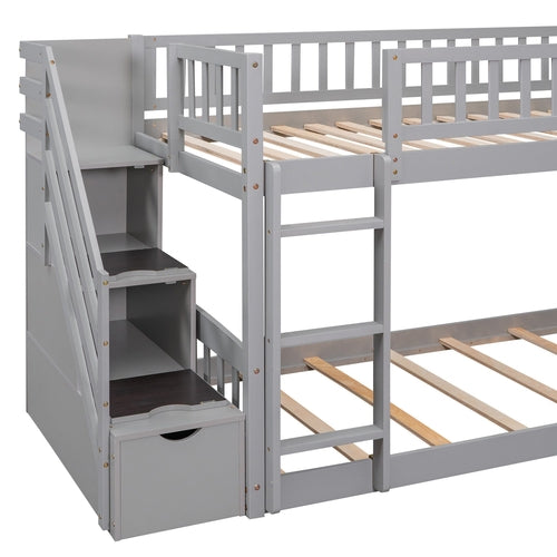 Stairway Twin over Twin Bunk Bed with Two Drawers and Slide, Gray