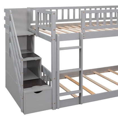Stairway Twin over Twin Bunk Bed with Two Drawers and Slide, Gray