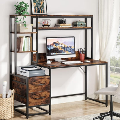 55 Inch Rustic Brown Computer Desk With Drawers And Shelves