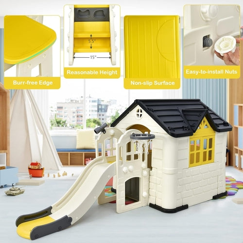 7-in-1 Kids Playhouse Slide Cottage Picnic Yellow