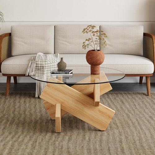 Modern Round Glass Coffee Table – 33.4" Tempered Glass Top with MDF