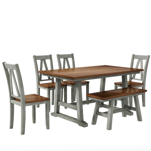 6-Piece Wood Dining Table Set with Long Bench and 4 Dining Chairs,