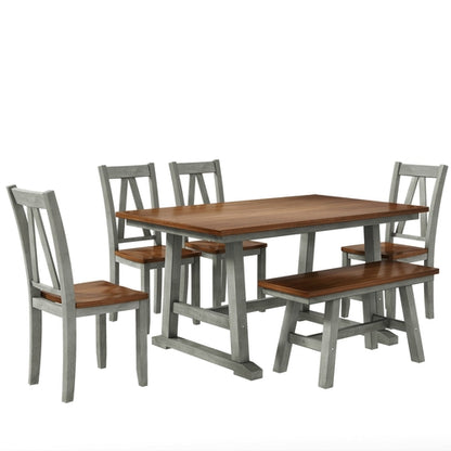 6-Piece Wood Dining Table Set with Long Bench and 4 Dining Chairs,