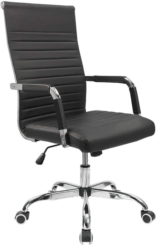 Ribbed Mid Back PU Leather Desk Chair Adjustable Black
