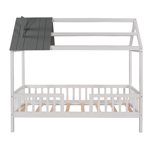 Twin Size Wood House Bed with Fence,White+Gray