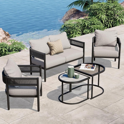 Beige 5 Piece Outdoor Wicker Patio Set With Thick Cushions
