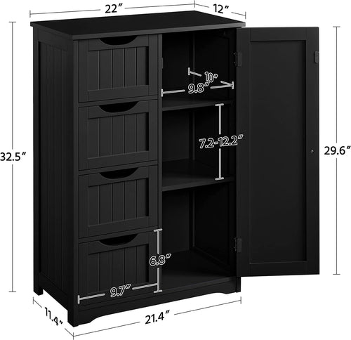 Wooden Bathroom Floor Storage Cabinet With 4 Drawers And Cupboard