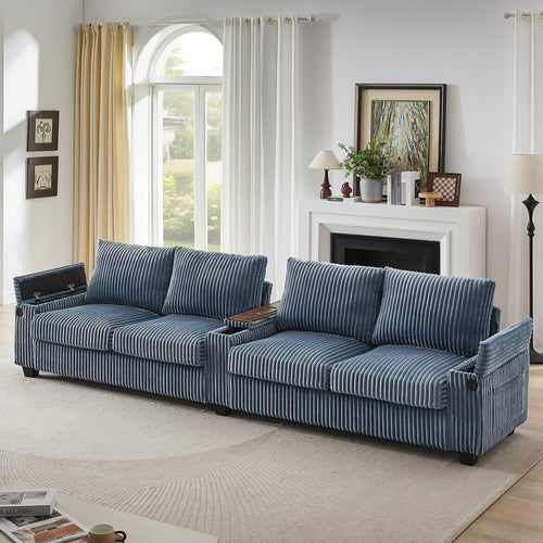 Modern 4-Seater Corduroy Sofa Couch with USB Ports, Hidden Storage and