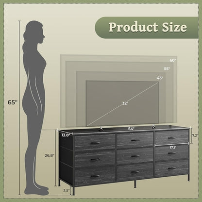 9 Drawer Dresser TV Stand 55 Inch Charcoal Black Wood Grain