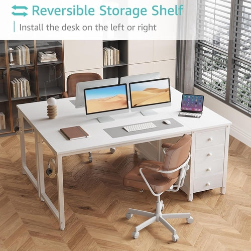 55" White Computer Desk with Fabric Drawer