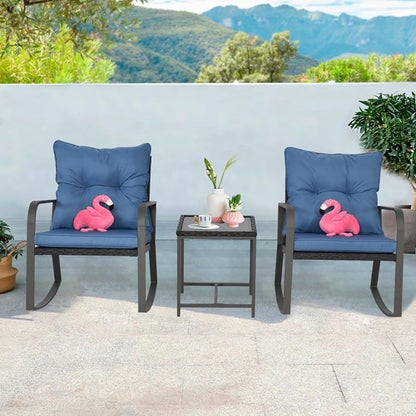 Blue 3 Piece Patio Bistro Set With Rocking Chairs And Cushioned Seats