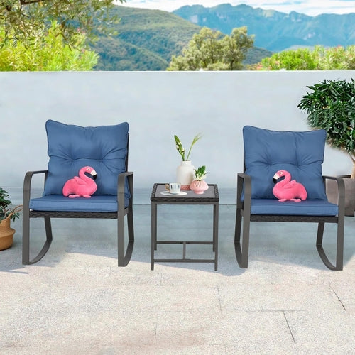 Blue 3 Piece Patio Bistro Set With Rocking Chairs And Cushioned Seats