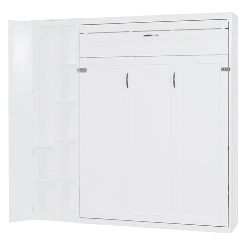 Queen Size Murphy Bed Wall Bed with Shelves, Wardrobe and LED Lights