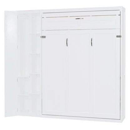 Queen Size Murphy Bed Wall Bed with Shelves, Wardrobe and LED Lights