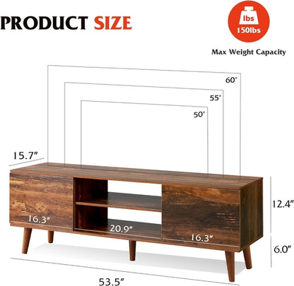 Mid Century TV Stand 55 to 60 Inch Retro Brown Finish